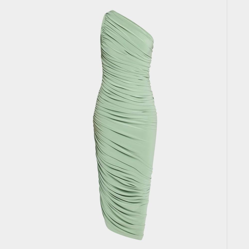 NWOT Norma Kamali Asymmetric Diana Sage Green Ruched Dress